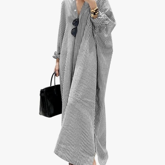 Chouyatou Women's Long Sleeve Button Down Striped Loose Cotton Long Dress Sz 3XL - Picture 1 of 7